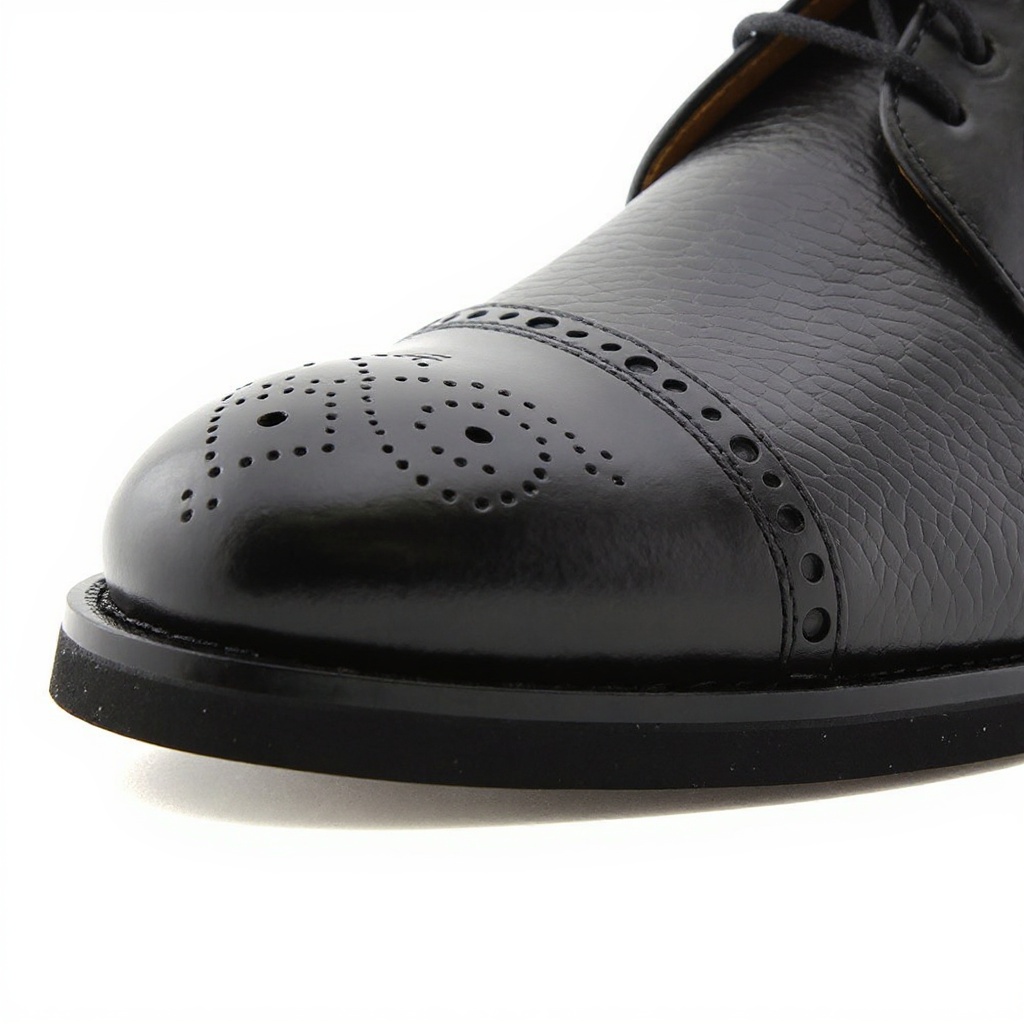 Primer plano de los materiales y costuras del zapato blucher negro CALCE, destacando la calidad de la piel y los acabados.