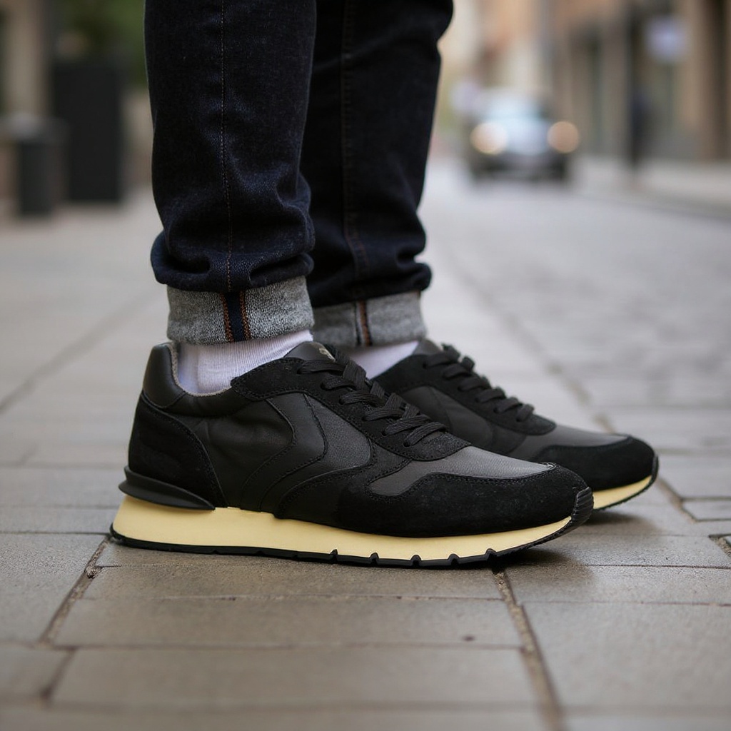 Hombre con zapatillas VOILE BLANCHE negras, jeans y camisa casual paseando por la ciudad.