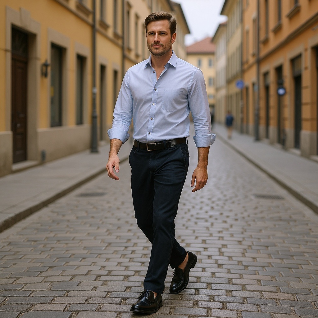 Hombre elegante caminando por una calle adoquinada con mocasines negros CALCE, vestimenta smart casual.