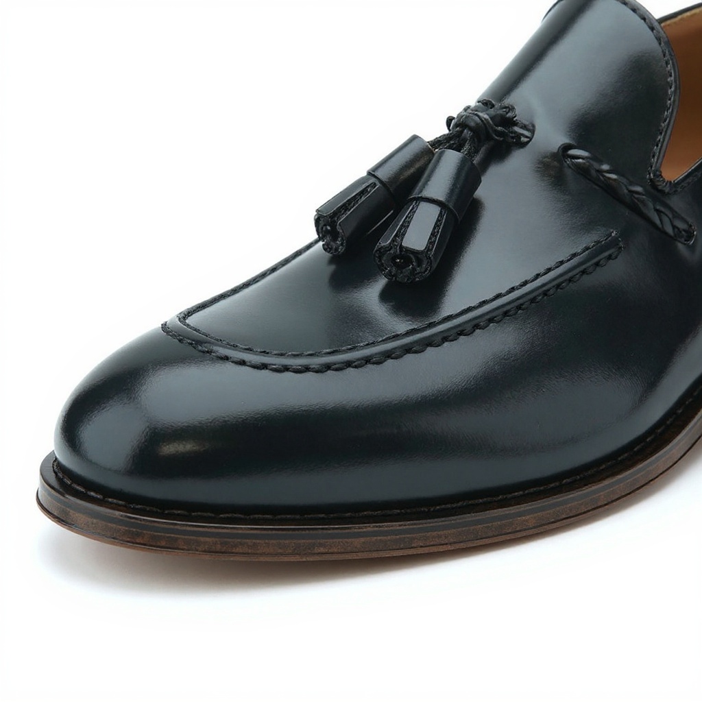 Detalle de mocasín negro CALCE mostrando la textura de la piel, las costuras y la suela de cuero.