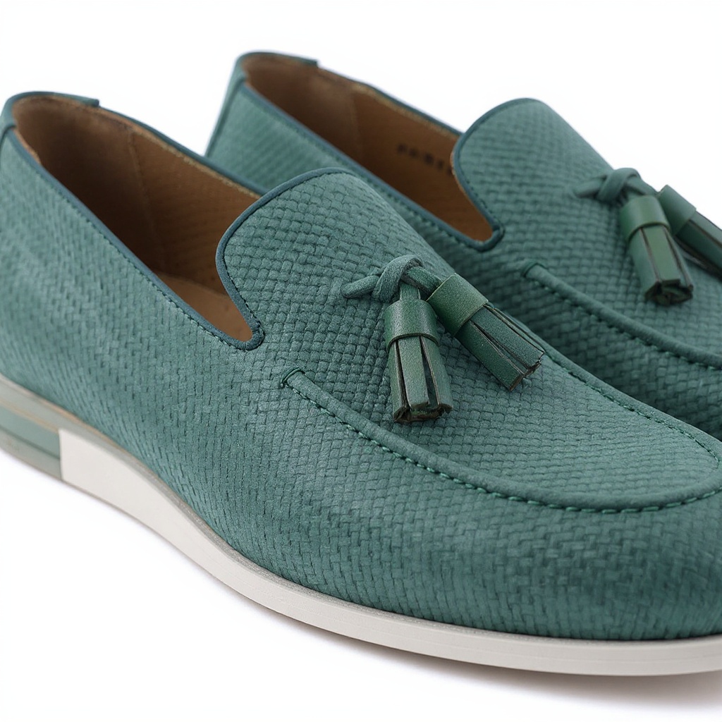 Primer plano de los mocasines verdes CALCE, mostrando la textura del cuero, el nubuck y el detalle de la suela BLOK.