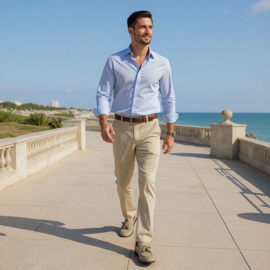 Hombre con mocasines CALCE arena, pantalones de lino y camisa, paseando por la costa al atardecer, transmitiendo elegancia casual.
