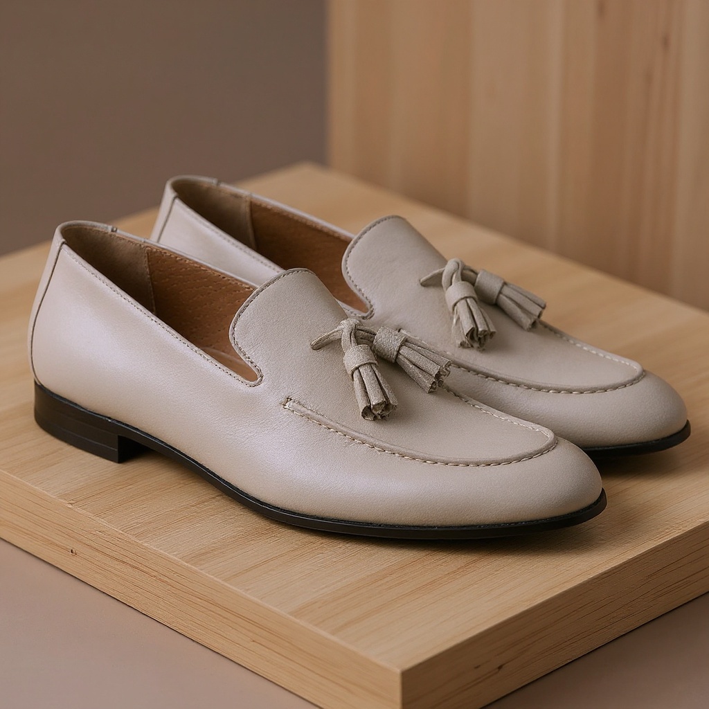 Detalle técnico de los mocasines CALCE arena, mostrando la textura del material BLOK, piel y Nobuk, con costuras precisas y alta calidad artesanal.