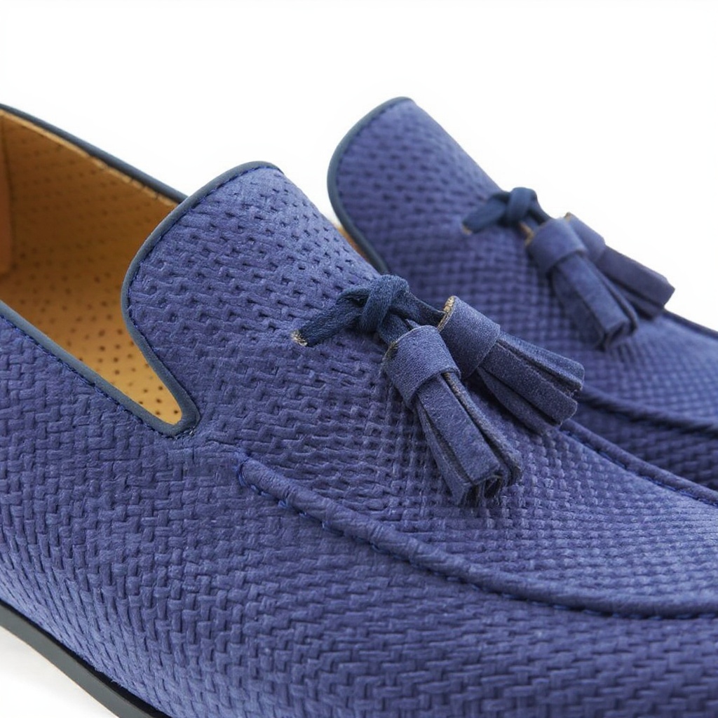 Primer plano de mocasín CALCE azul mostrando detalles de piel y nubuck
