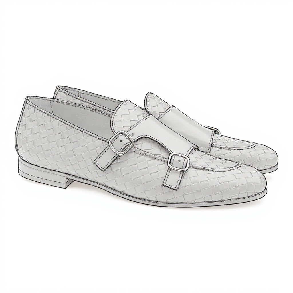 Hombre elegante con traje azul y zapatos CALCE de doble hebilla en cuero, caminando por una calle urbana.