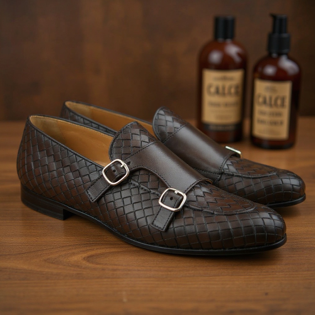Detalle de los zapatos CALCE de doble hebilla en cuero, mostrando la piel de alta calidad, las hebillas y el detalle de la trenza, junto a productos de cuidado de calzado.