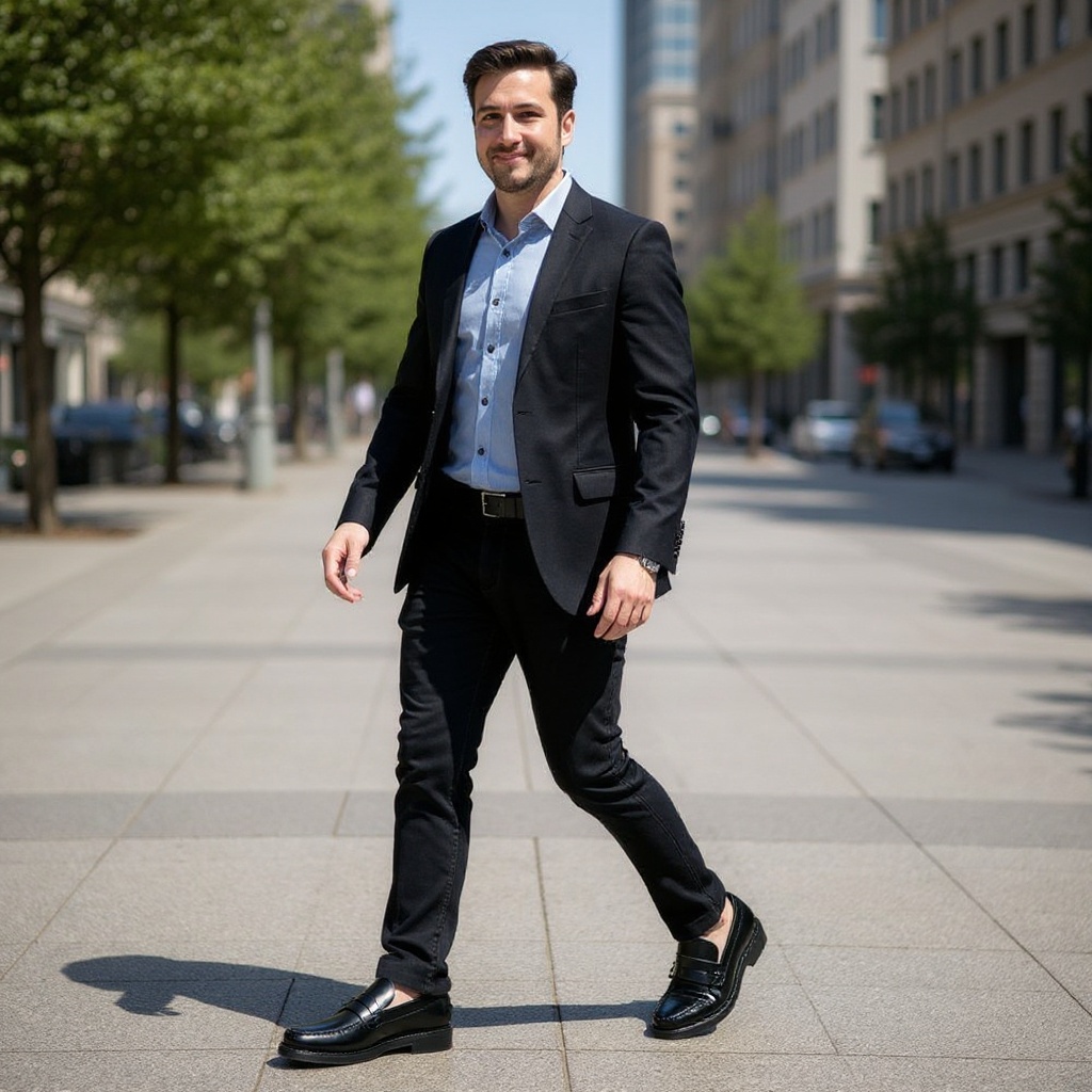 Hombre elegante caminando con mocasines SEBAGO Castellano negros por una plaza urbana.