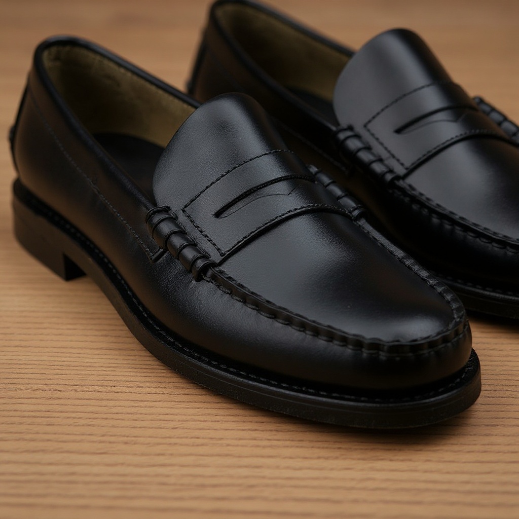 Primer plano detallado de la piel, costuras y suela de los mocasines SEBAGO Castellano negros.