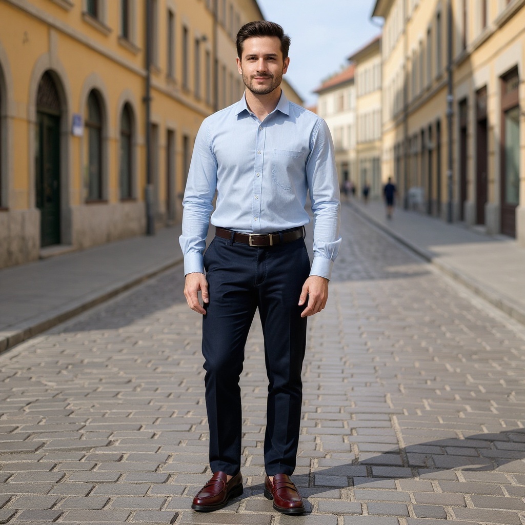 Hombre elegante con mocasines SEBAGO castellano burdeos, combinados con pantalones chinos azul marino y camisa de lino, caminando por una calle adoquinada.
