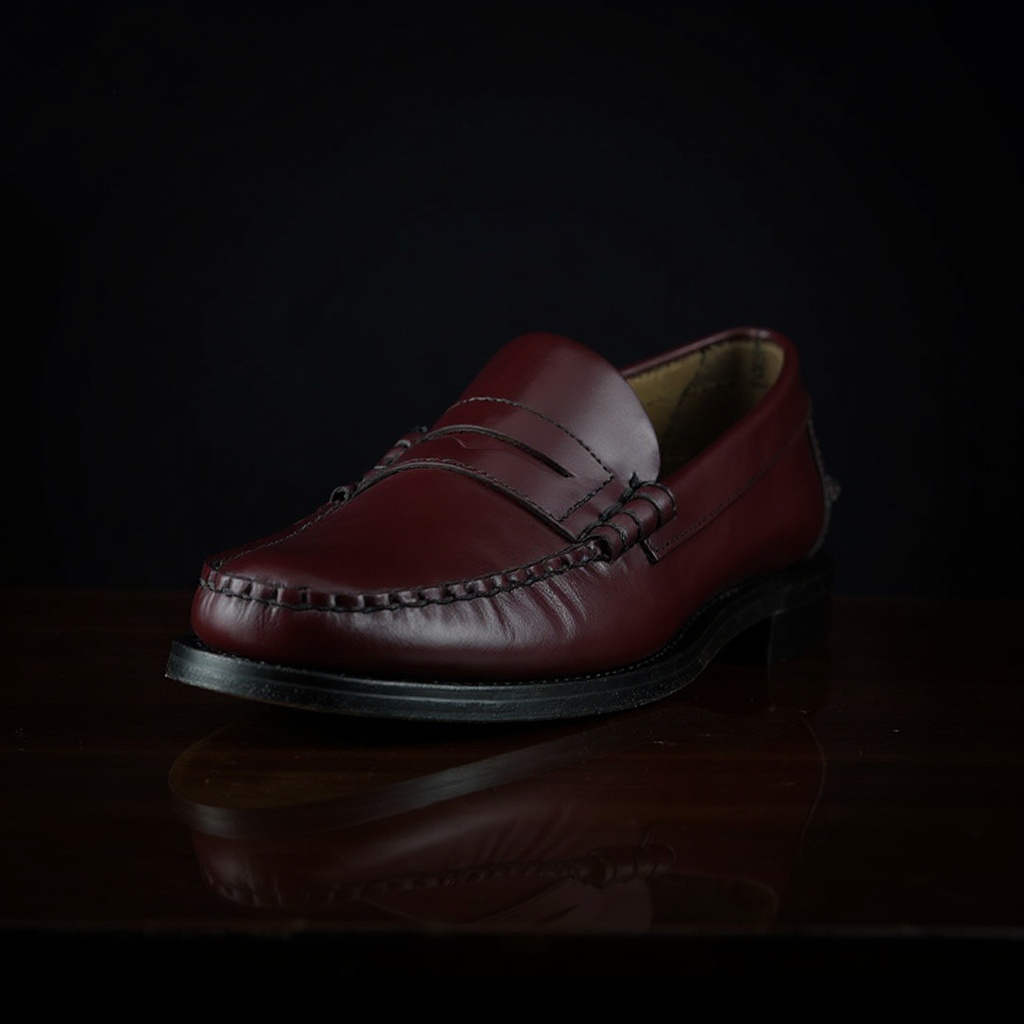 Detalle de los mocasines SEBAGO castellano burdeos, mostrando la textura de la piel Navantic y la calidad de las costuras.