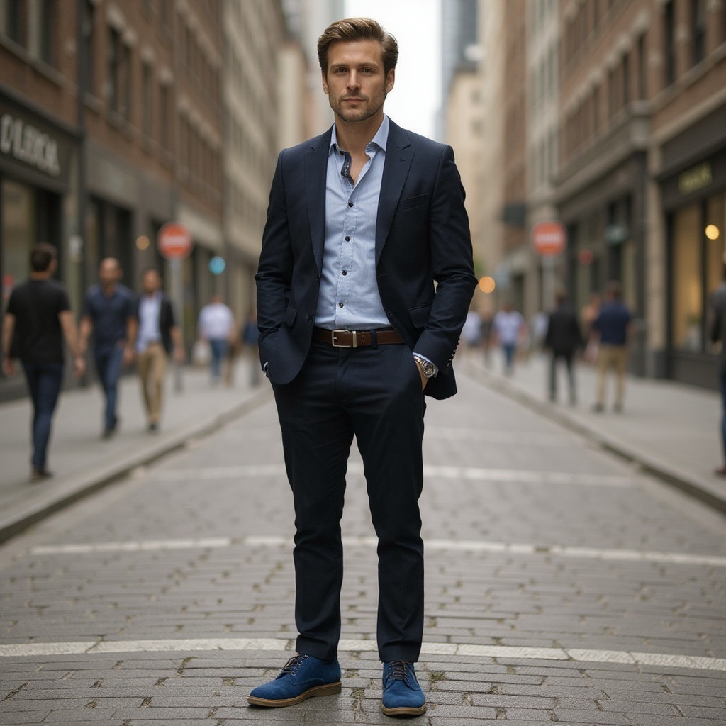 Hombre con estilo urbano luciendo los botines azules CALCE con pantalón chino y blazer, caminando por una ciudad moderna.