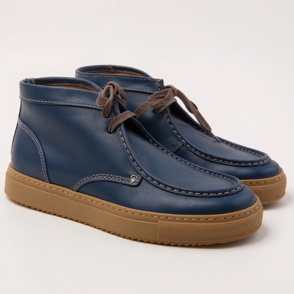 Detalle técnico del botín azul CALCE, mostrando las texturas de piel, nubuck y la construcción artesanal.