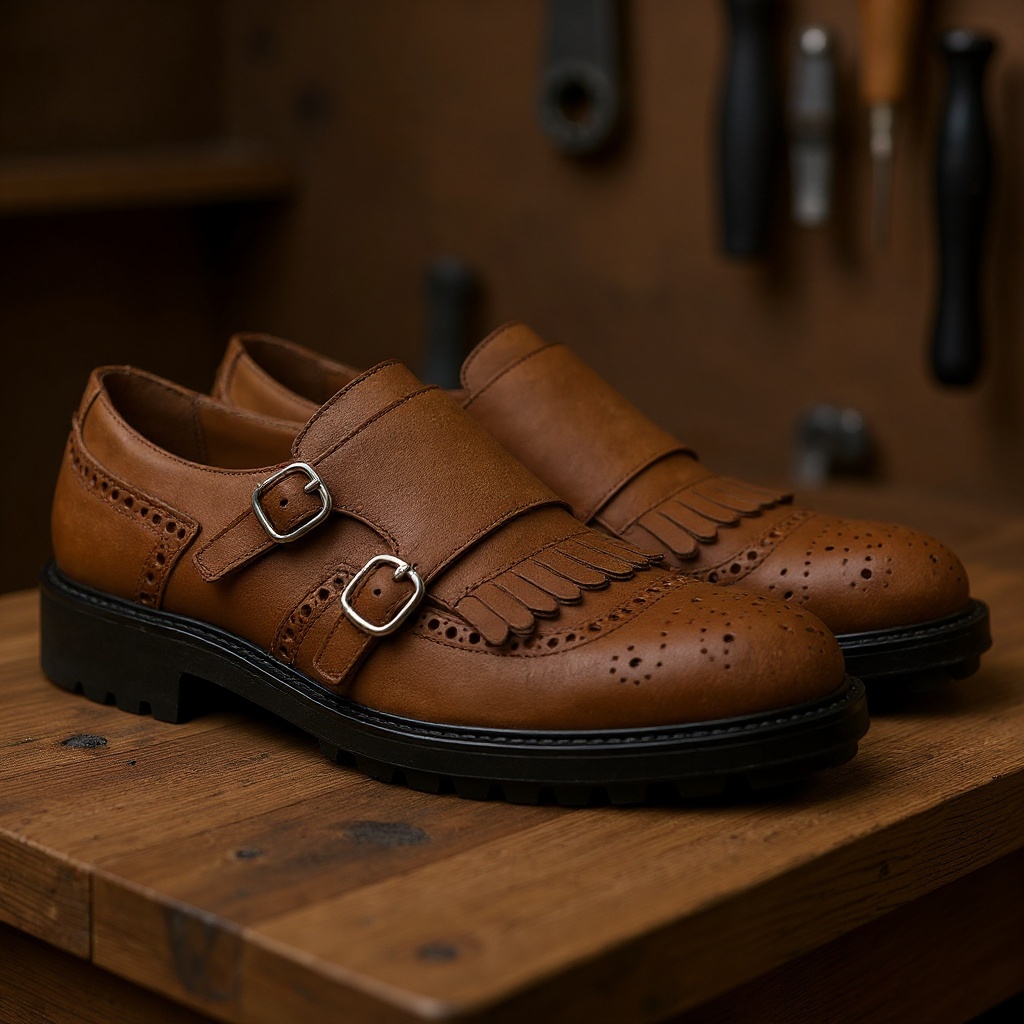 Detalle de los zapatos CALCE 2 hebillas cuero mostrando la calidad de la piel y las costuras artesanales.