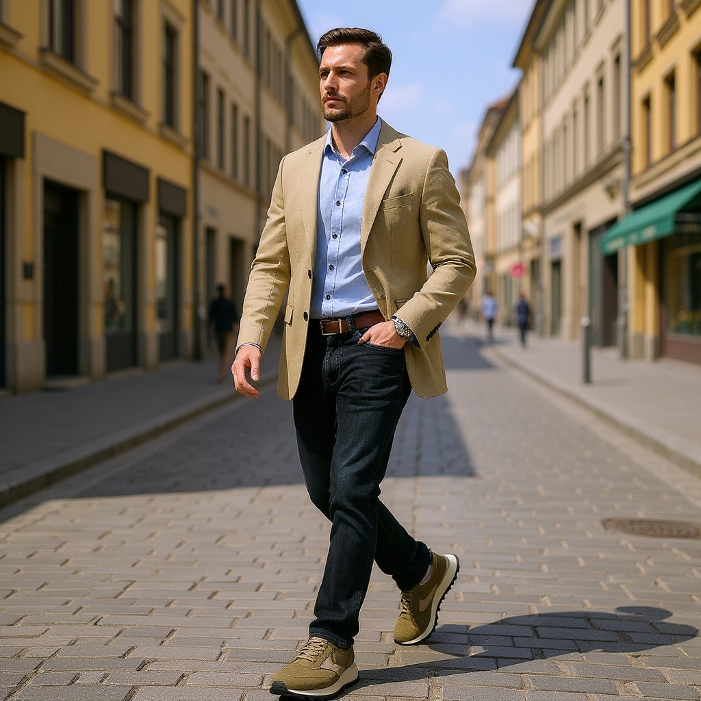 Hombre con zapatillas deportivas VOILE BLANCHE taupe y vaqueros, caminando con estilo urbano.