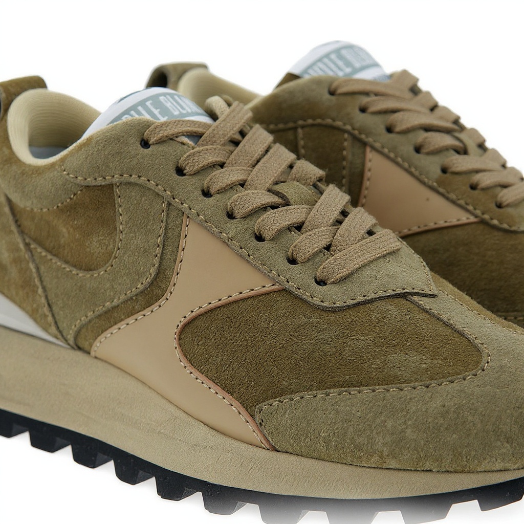 Detalle de los materiales y la construcción de las zapatillas deportivas VOILE BLANCHE taupe, mostrando piel, suede y tejido BLOK.