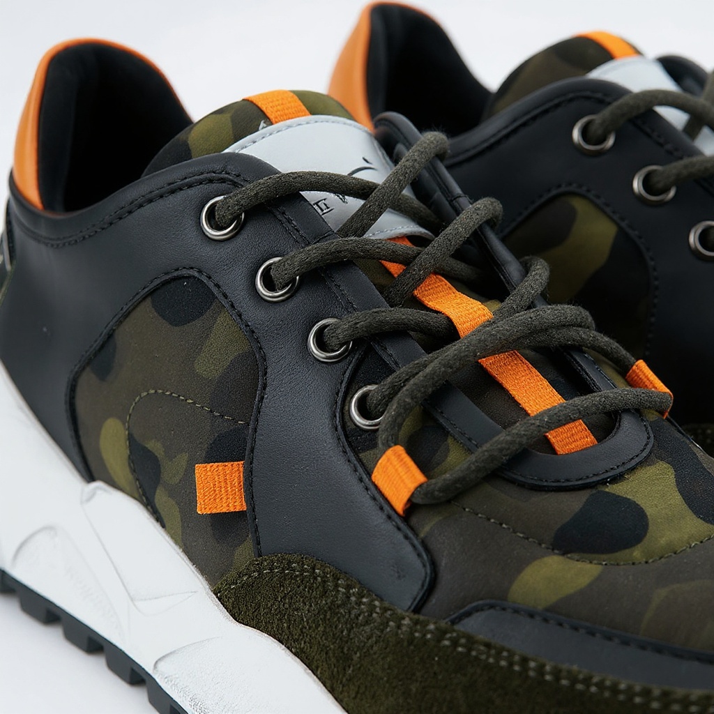 Detalle de los materiales premium de las deportivas VOILE BLANCHE camuflaje: piel, suede y tejido técnico.