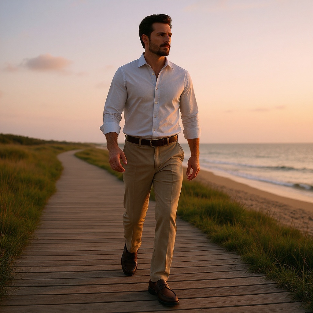 Hombre elegante caminando por un paseo marítimo al atardecer, luciendo unos mocasines Sebago de cuero marrón con pantalones de lino y camisa ligera, transmitiendo un estilo de vida de lujo y relajación.
