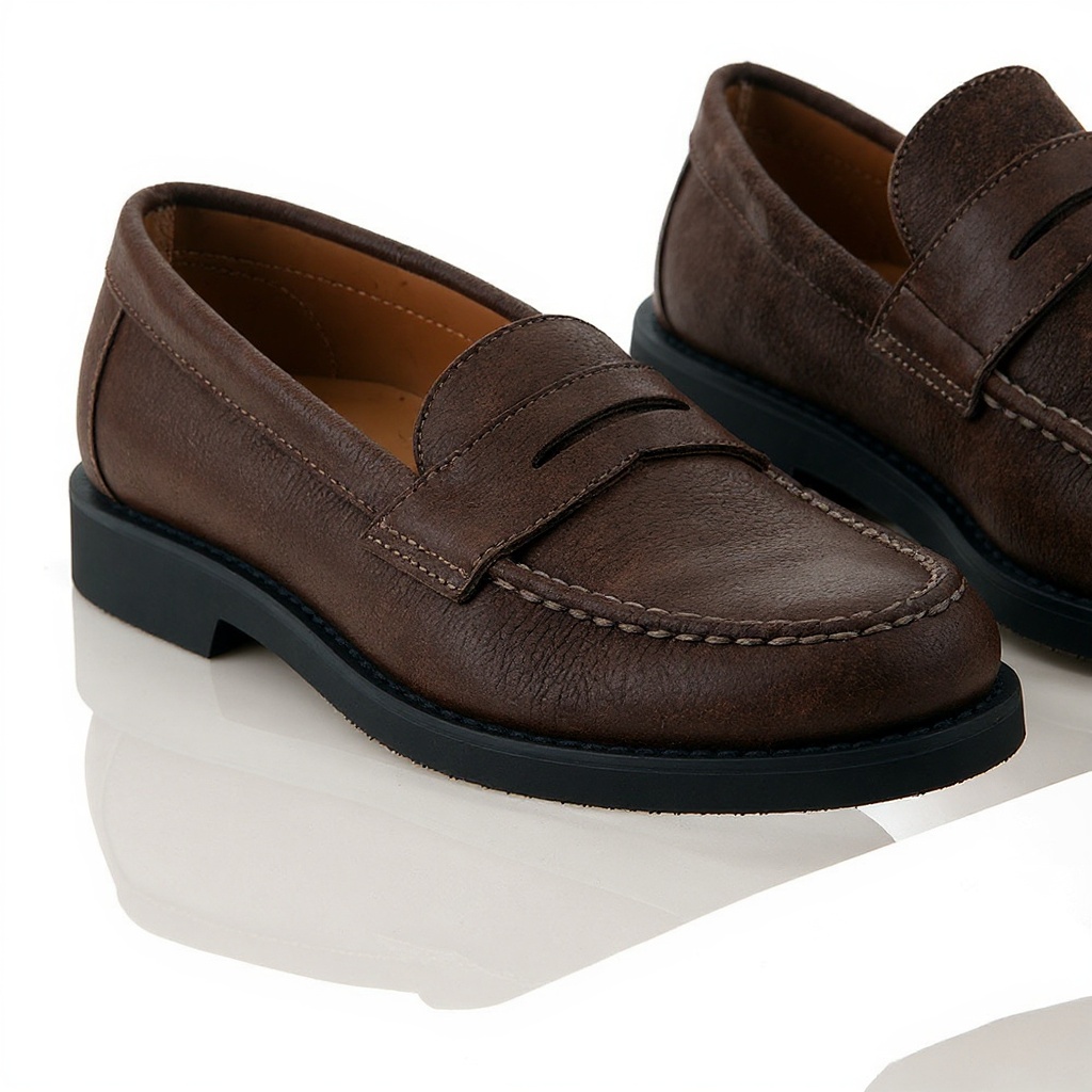 Primer plano de un mocasín Sebago de cuero marrón, mostrando la textura detallada de la piel, las costuras artesanales y la calidad de la suela de goma, enfatizando los materiales y la construcción.