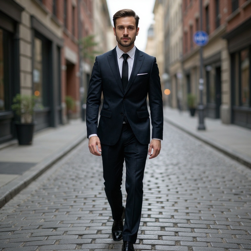 Hombre con traje oscuro caminando, luciendo unos elegantes zapatos blucher negros CALCE de piel.