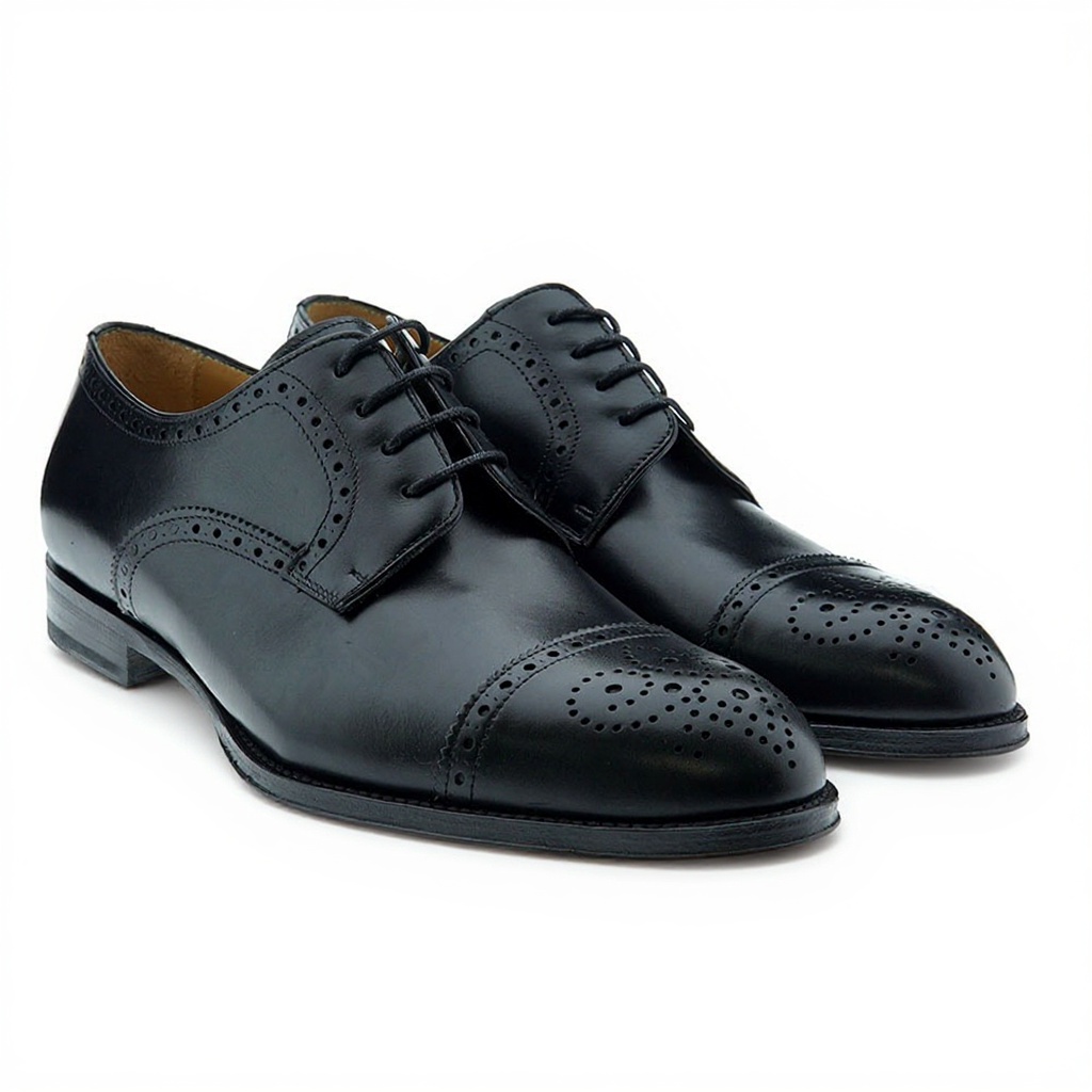 Primer plano detallado de un zapato blucher negro CALCE, mostrando la textura de la piel BOX CALF y la calidad de su fabricación.