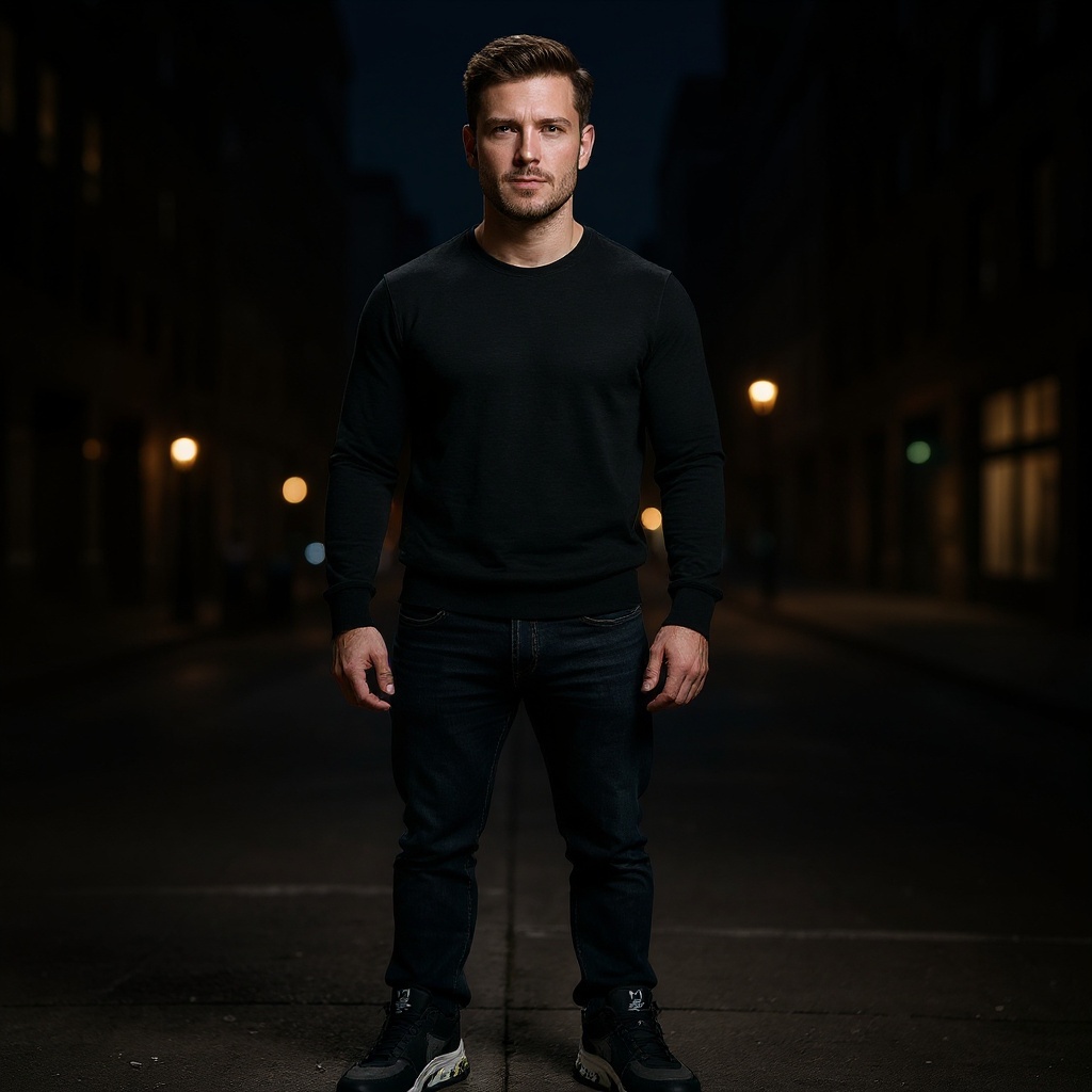 Hombre con botas deportivas PREMIATA negras, jeans y cazadora de cuero, caminando por una ciudad moderna.