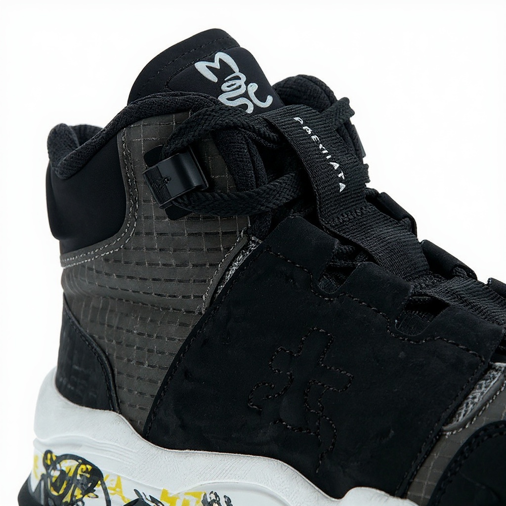 Detalle de los materiales y costuras de la bota deportiva PREMIATA negra, mostrando piel y tejido técnico.
