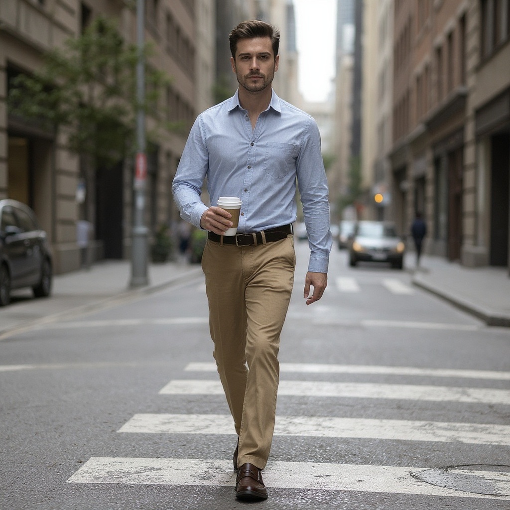 Un hombre con mocasines SEBAGO castellano marrones, caminando por una calle urbana, reflejando un estilo de vida sofisticado y relajado.