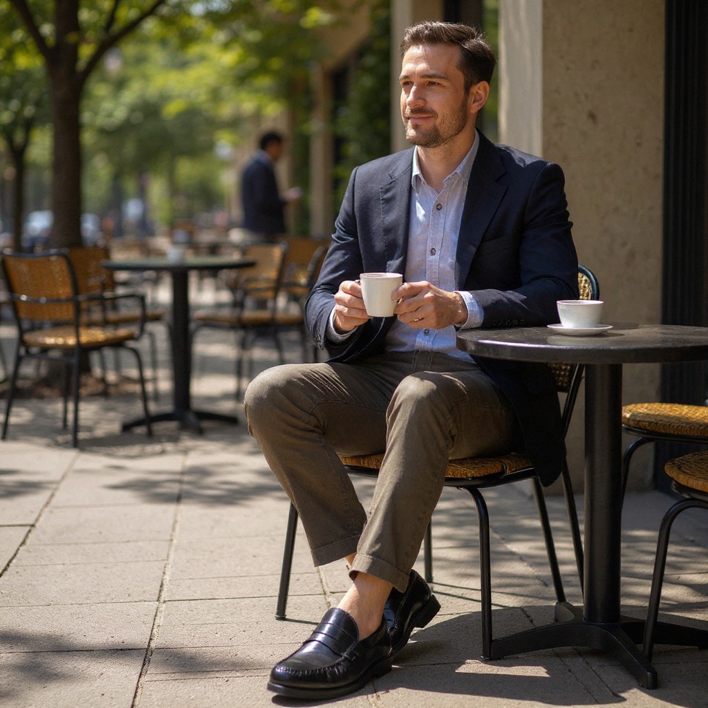 Hombre con mocasines PRIVATA castellano negros, sentado en una terraza con una taza de café, mostrando un estilo elegante y relajado.