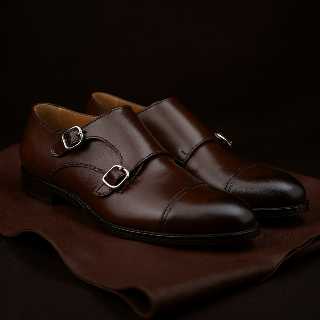 Detalle técnico de los zapatos CALCE 2 hebillas marrones, mostrando la piel nubuck, las costuras y las hebillas.