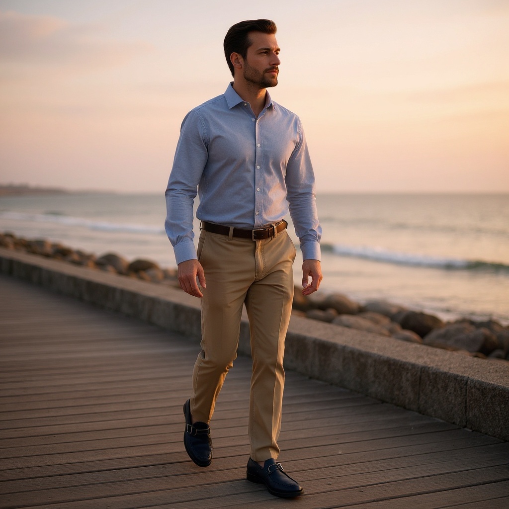 Hombre con mocasines CALCE azules combinados con chinos beige y camisa de lino, paseando al atardecer.