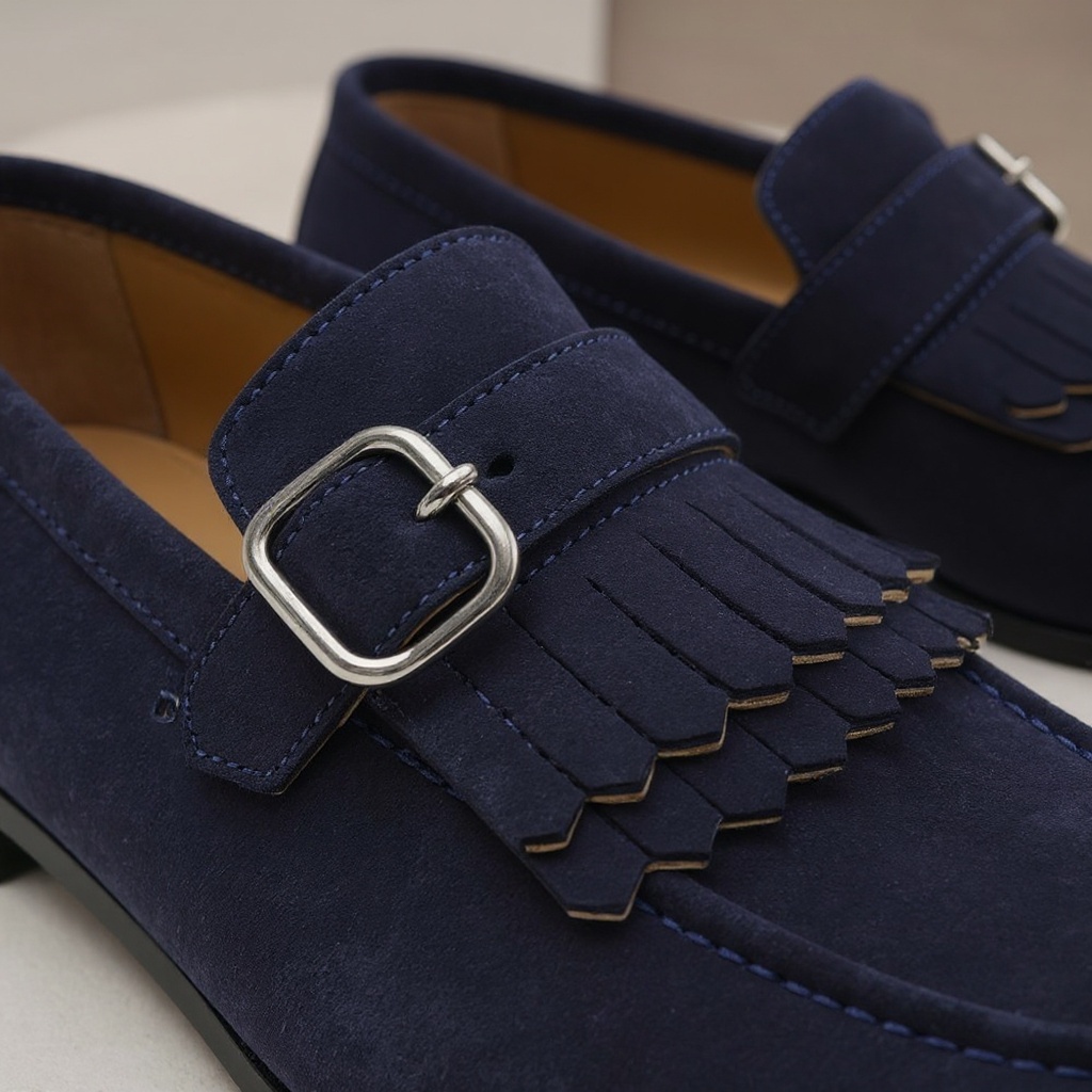 Detalle del mocasín CALCE azul, mostrando la textura de la piel nobuck y la costura artesanal.