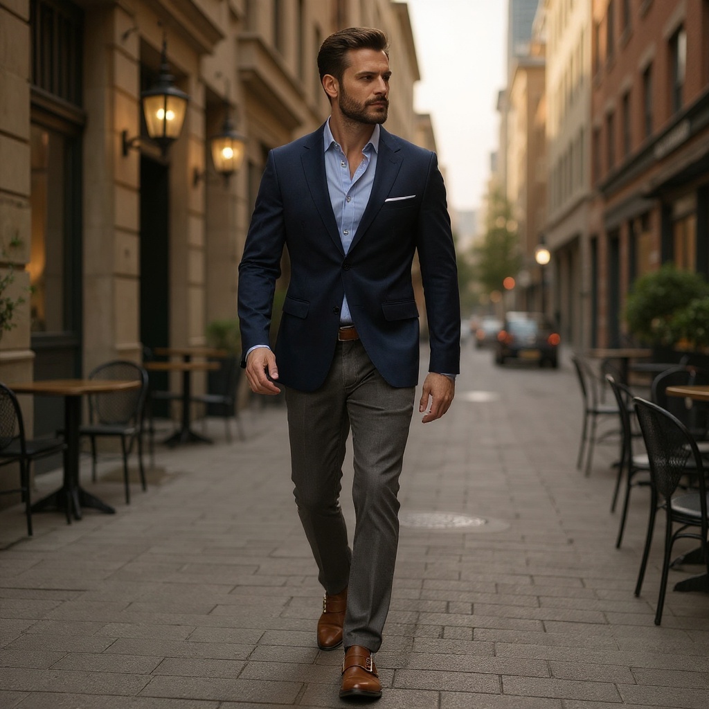 Un hombre elegantemente vestido con traje azul marino y zapatos CALCE de doble hebilla en cuero, caminando con confianza por una calle urbana.