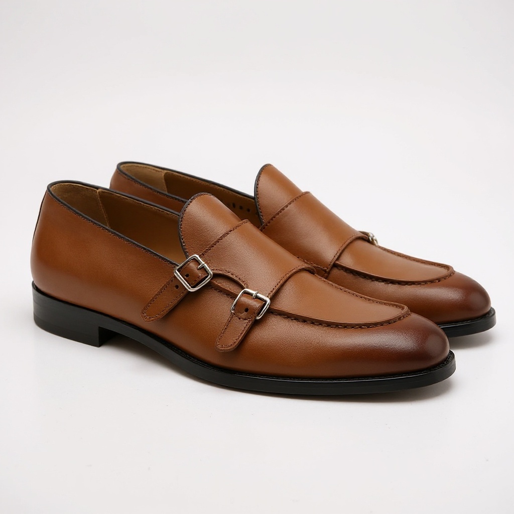 Detalle de los zapatos CALCE de doble hebilla en cuero, mostrando la piel de alta calidad, las costuras Goodyear Welted y los herrajes de las hebillas.