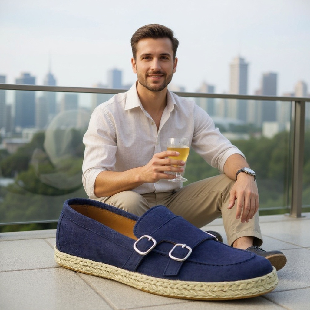 Hombre con mocasines azules CALCE en una terraza, disfrutando de un estilo de vida relajado y elegante.