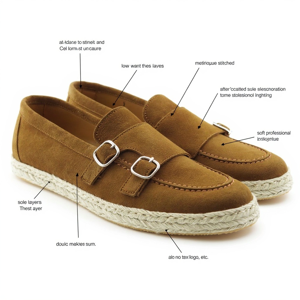 Detalle técnico del mocasín CALCE arena mostrando la piel nobuck, las costuras y la doble suela.