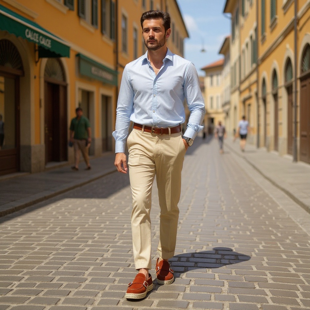 Hombre con mocasines CALCE teja caminando elegantemente por una calle adoquinada, disfrutando de un estilo de vida mediterráneo.