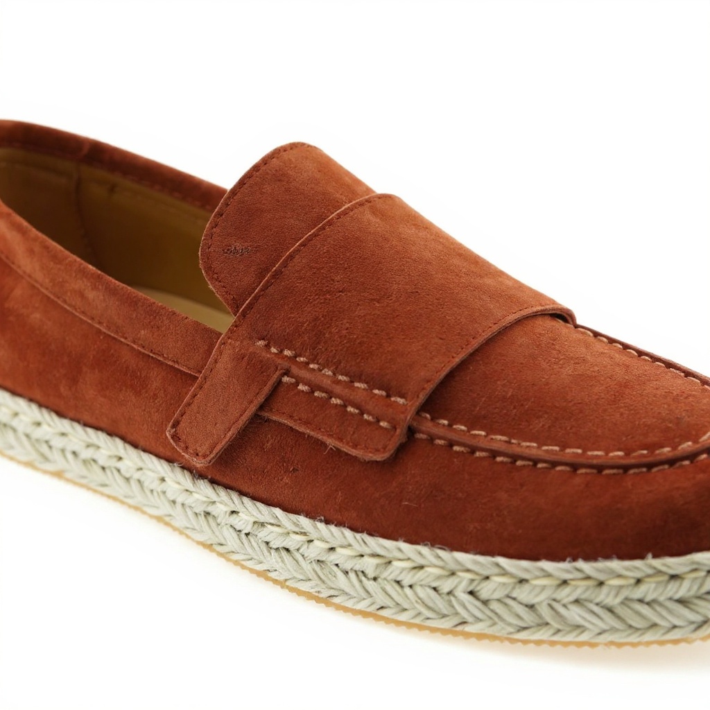 Detalle técnico de los mocasines CALCE teja, mostrando la textura de piel NBK y la construcción de doble suela.