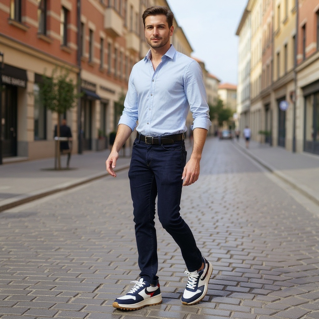Hombre joven con camisa casual y chinos, paseando por la ciudad con las zapatillas deportivas VOILE BLANCHE azules y blancas.