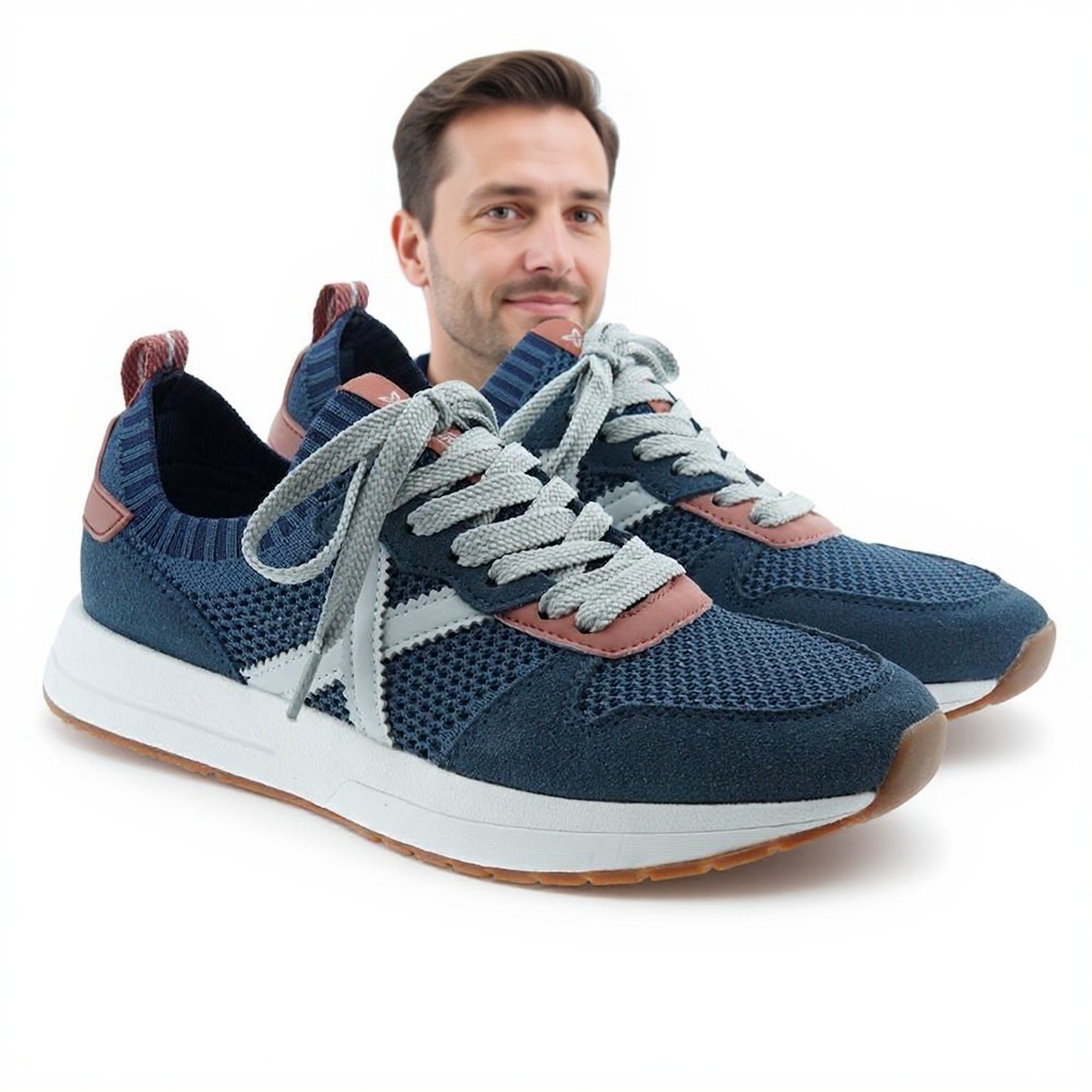 Hombre con zapatillas MUNICH deportivas azules caminando por la ciudad.